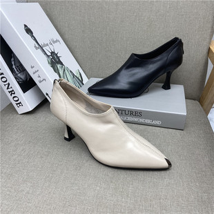 品牌撤柜清仓24新款真皮女鞋尖头细跟深口后拉链气质简约日常单鞋