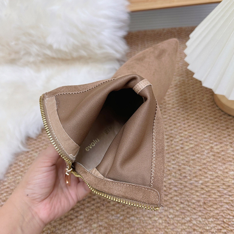 FOREIGN TRADE BROWN BOOTIES WOMENS HIGH HEELS FALL WINTER PLUS SIZE VERSATILE FRENCH STILETTO HEEL STRETCH BOOTS SUEDE POINTED TOE SKINNY BOOTS