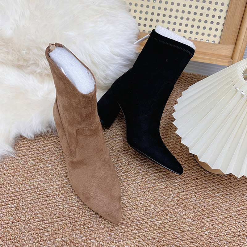 FOREIGN TRADE BROWN BOOTIES WOMENS HIGH HEELS FALL WINTER PLUS SIZE VERSATILE FRENCH STILETTO HEEL STRETCH BOOTS SUEDE POINTED TOE SKINNY BOOTS