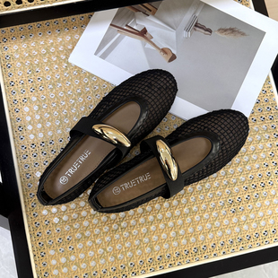 25春季新款 网纱镂空平底玛丽珍单鞋外贸浅口渔网金属扣大码女鞋