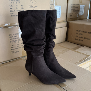 欧美风~少量羊皮尖头细高跟长筒靴女外贸大码秋季显腿长时装靴41