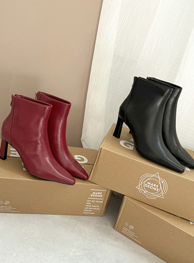 欧洲单 外贸大码黑色高跟细跟短靴女红色婚鞋侧拉链及踝靴42码