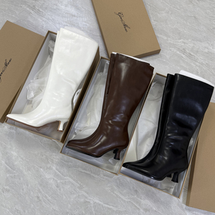 外贸秋冬款尖头细跟长靴2025早秋新款黑白棕色高跟高筒大码女靴41