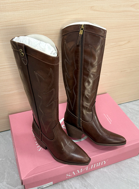 重工款 美拉德棕刺绣高筒粗跟欧美尖头外贸大码西部牛仔长靴女42