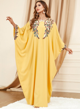 中东阿拉伯黄色蝙蝠袖服装宽松时尚大码连衣裙迪拜旅游长袍 dress