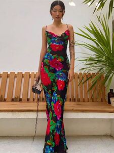 Ahagaga 沙滩风时尚印花可调节吊带长裙欧美性感堆堆领露背连衣裙