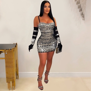 Sexy Hot Drill Dress 欧美烫钻性感吊带手套包臀派对短裙连衣裙