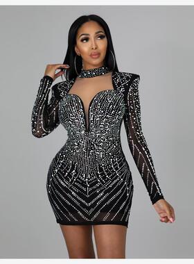 Mesh Hot Drill Dress 欧美性感网纱V领透视烫钻收腰包臀礼服短裙