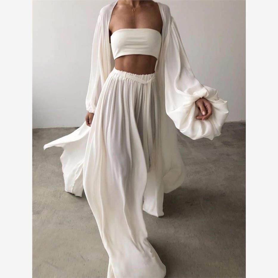 Lantern Sleeve Pants Suit 欧美灯笼袖衬衫裹胸裤子宽松休闲套装