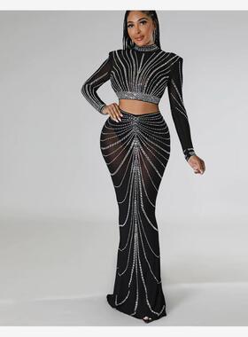 Mesh Shirt Skirt Suit 欧美性感网纱烫钻T恤衬衫高腰长裙套装女