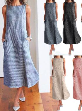 Cotton linen dress速卖通跨境简约条纹棉麻宽松连衣裙无袖A字裙