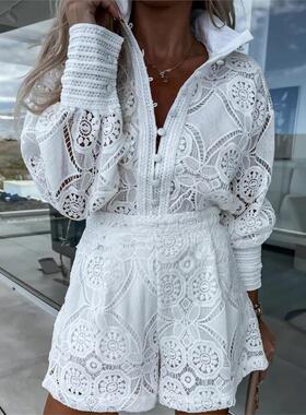 Lace shirt shorts set 欧美单排扣立领蕾丝长袖衬衫短裤休闲套装