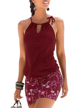 Halter Elastic Waist tank top Party Beach Dress印花松紧腰