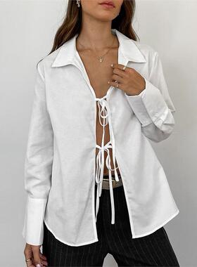 Cotton white sexy shirt 纯棉性感微透宽松翻领长袖白色开衫衬衣