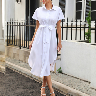 欧美气质简约夏季女收腰系带白色显瘦短袖连衣裙子中长款衬衫裙