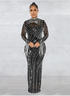 Mesh Hot drill Dress欧美性感网纱透视烫钻流苏长袖派对礼服长裙