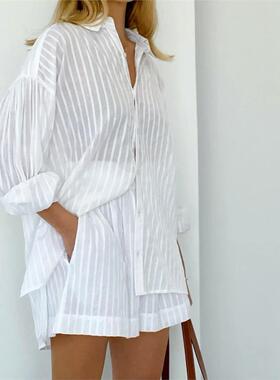Striped Shirt Shorts Cotton Suit条纹长袖衬衫短裤棉质休闲套装