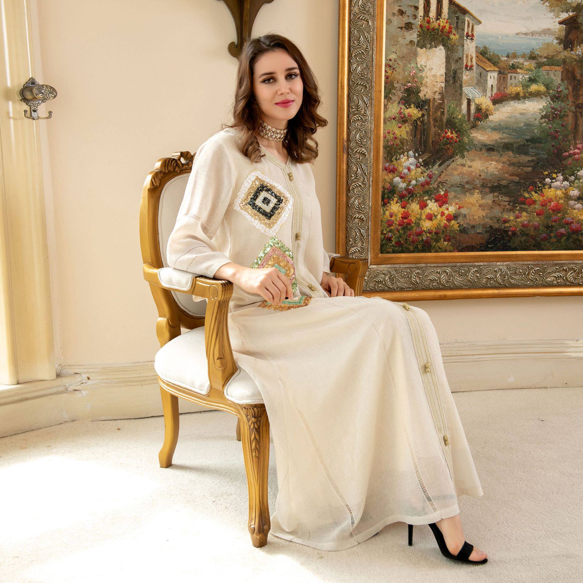 Cotton hemp Beaded embroidered skirt loose version fashion