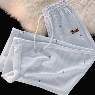 松弛感长裤 通勤韩版 高腰显瘦 女2025夏季 蓝色条纹设计感刺绣休闲裤