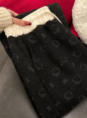 灰色高级感kitty猫设计感休闲阔腿裤女春季印花百搭直筒拖地裤子