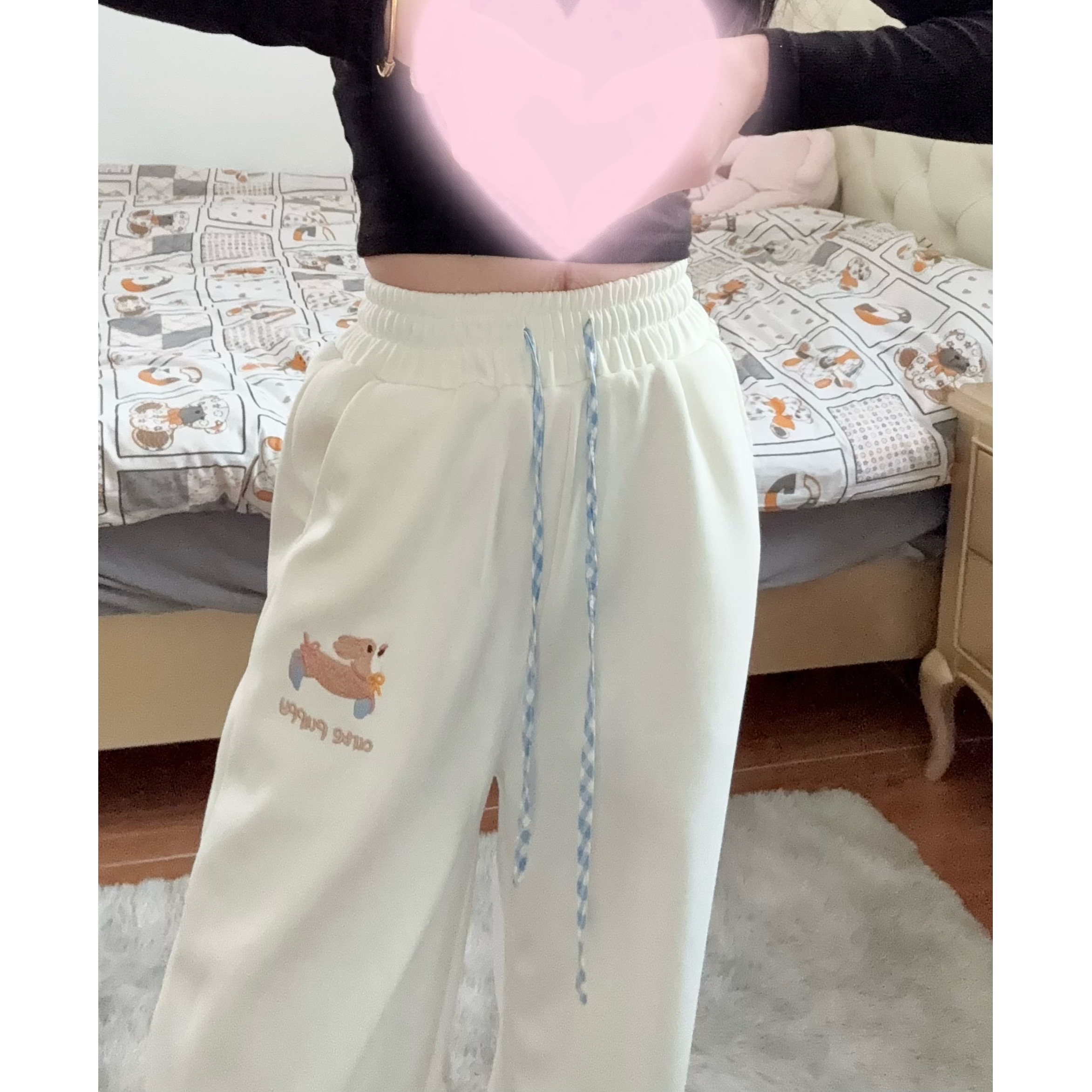 松紧腰小狗刺绣裤子女小个子春夏薄款宽松直筒初高中学生阔腿长裤