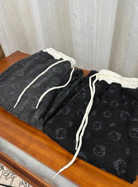 灰色高级感kitty猫设计感休闲阔腿裤女春季印花百搭直筒拖地裤子
