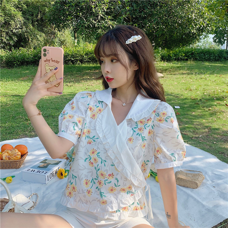 Real price short top women's summer design smart shirt retro Hong Kong style white shirt