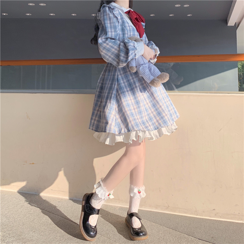 Japanese sweet and lovely blue lattice niche JK Long Sleeve Dress