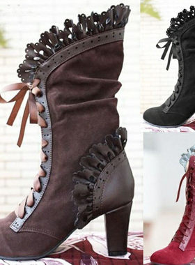 Large lace women high heels mid boots women leather boots 靴