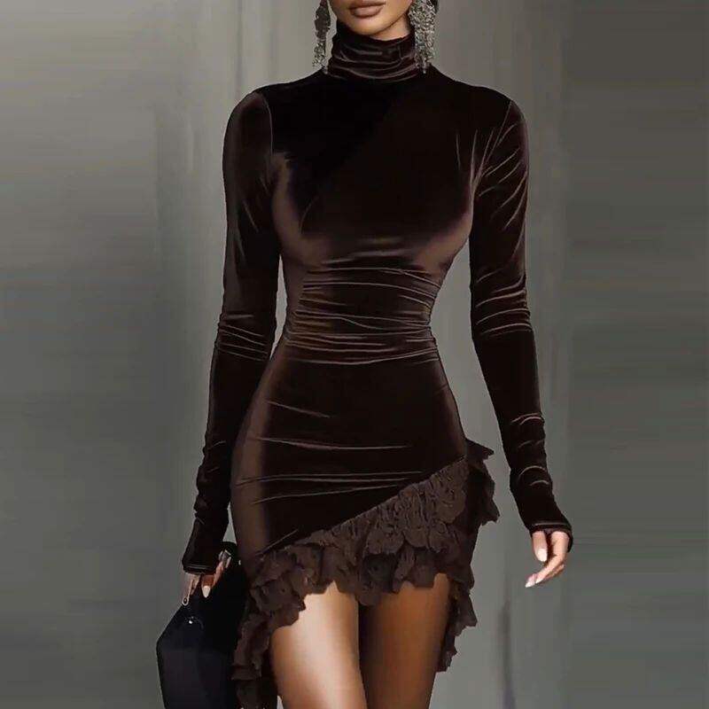 High neck lace hem mini dress for women 高领蕾丝下摆洋装女