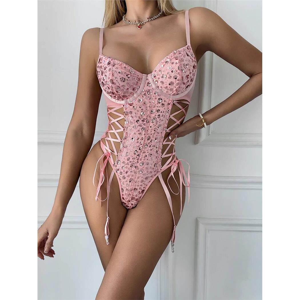 Outfitgirl粉色亮片重工聚拢提臀收腰塑身蝴蝶绑带性感连体衣裤女