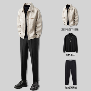 潮牌冬季加厚轻薄羽绒夹克男款韩版百搭短款高级感男装时尚三件套