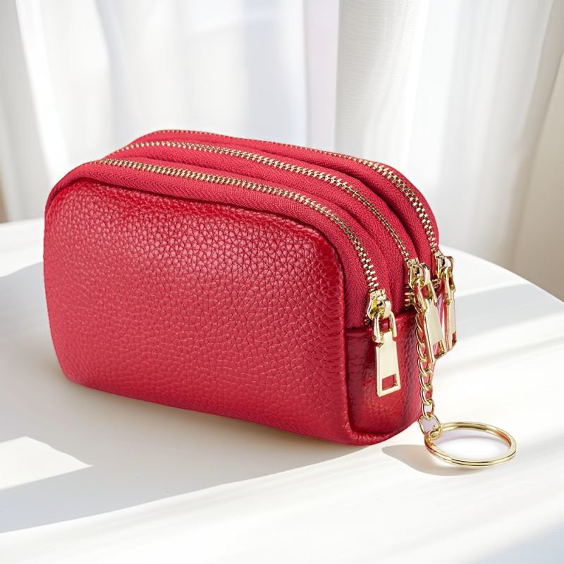 头层牛皮零钱包女士三层拉链收纳包多隔层真皮钱包大容量手拿小包