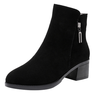 翻毛皮短靴女中跟马丁靴女冬加绒磨砂真皮靴子秋冬季女鞋粗跟棉鞋