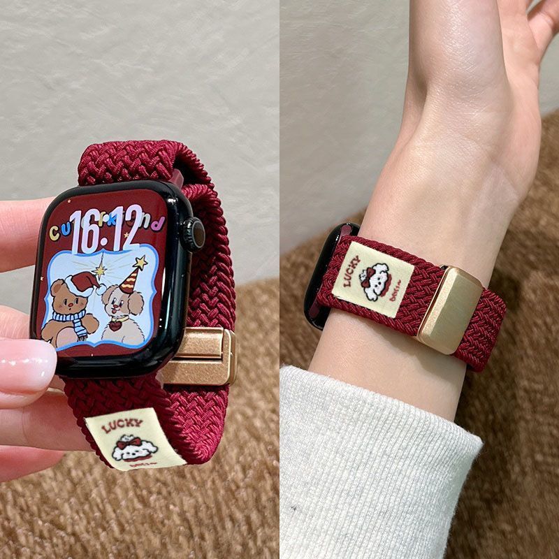 苹果手表编织新年红礼帽小熊表带