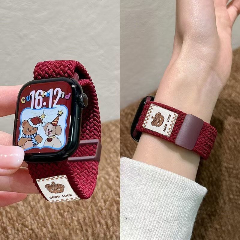 苹果手表透气编织表带新年红