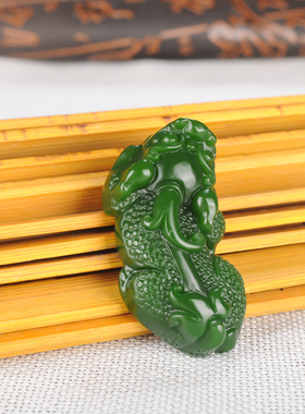 新疆和田玉碧玉貔貅吊坠 菠菜绿碧玉情侣款玉貔貅挂件 貔貅玉坠