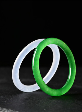 和田白玉细圆条手镯 翡翠色满绿少女款玉镯金丝玉冰种a货女士镯子