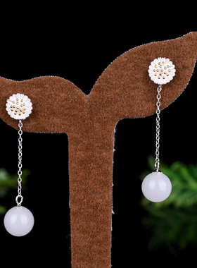 新疆和田玉耳环金丝玉兰花耳线925银配饰玉石耳坠镶嵌耳饰品耳钉