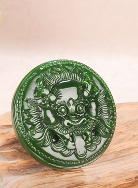 玉石匠新疆和田玉碧玉精雕龙头皮带扣 碧玉菠菜绿腰扣腰饰挂件