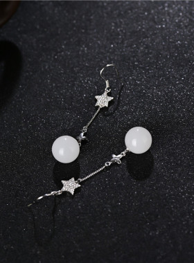 玉石匠和田白玉韩版圆珠耳线五星流苏长款纯银耳坠时尚网红耳饰品
