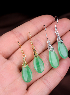 玉石匠缅甸翡翠玉水滴玉耳环925银时尚少女款马来玉碧玉耳钩耳坠