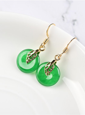 玉石匠翡翠色玉石平安扣耳环金枝玉叶转运耳坠少女款祖母绿色耳饰