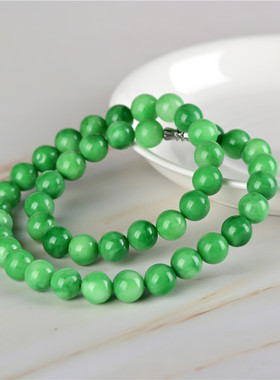 玉石匠缅甸翡翠色干青女士项链祖母绿色女款百搭清新圆珠玉项链