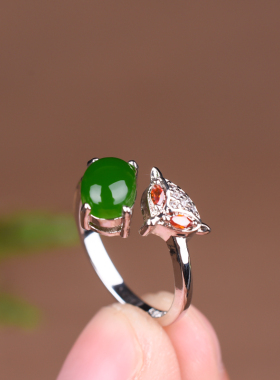 新疆和田玉碧玉狐狸头纯银可调节戒指 时尚女款简约活扣指环手饰