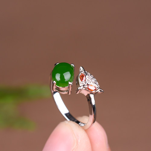 新疆和田玉碧玉狐狸头纯银可调节戒指 时尚女款简约活扣指环手饰