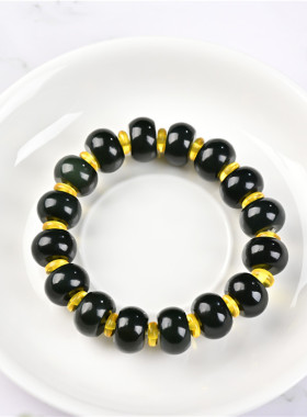 新疆和田玉青玉鼓型珠手链男女款精品隔珠苹果型手串算珠老玉手链