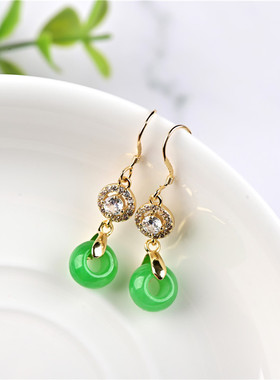 玉石匠缅甸翡翠色耳环 阳绿色路路通女款耳坠干青翡翠民族风耳饰