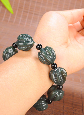 新疆和田玉手链青玉核桃手链 文玩墨玉手串发财手链直径21*23mm