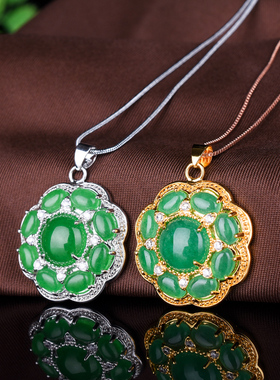 玉石匠缅甸翡翠满绿精雕花开富贵吊坠 碧玉花朵银镶嵌挂件毛衣链